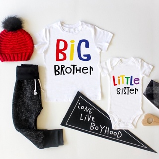 ชุดรอมเปอร์แขนสั้นลําลอง ลาย Little Big Sister Brother น่ารัก สําหรับเด็กทารกผู้หญิง