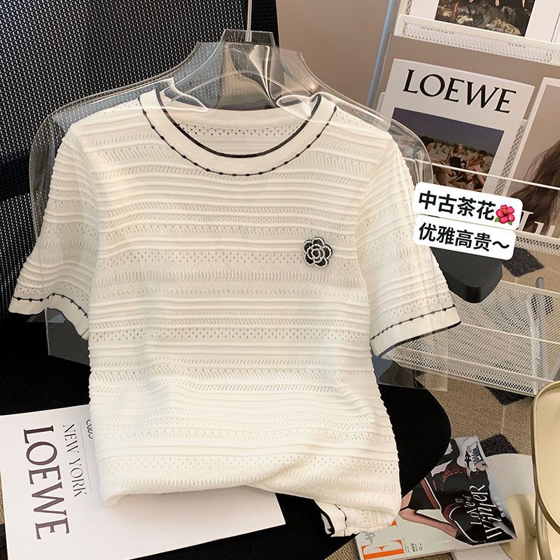 เสื้อยืดแขนสั้น ผ้าเรยอนถัก แฟชั่นฤดูร้อน สําหรับผู้หญิง