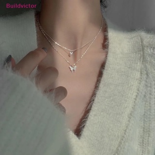 Buildvictor สร้อยคอโซ่ สองชั้น จี้รูปผีเสื้อ ประดับเพทาย เครื่องประดับ สําหรับผู้หญิง TH