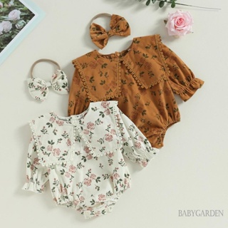 Babygarden-0-18 เดือน ชุดรอมเปอร์ คอตุ๊กตา แขนยาว พิมพ์ลายดอกไม้ + ที่คาดผม โบว์ สําหรับเด็กผู้หญิง