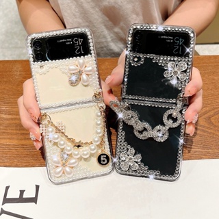 เคสโทรศัพท์มือถือแบบใส ฝาพับ พร้อมสายโซ่คล้อง หรูหรา สําหรับ Samsung Z Flip4 Z Flip3 Z Flip 4 Z Flip 3