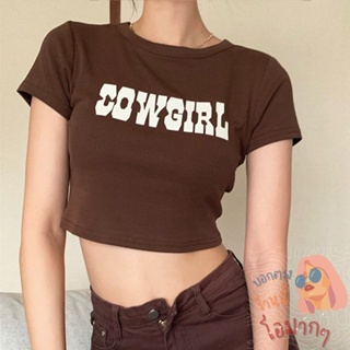 โอมากๆ🍊แฟชั่น เสื้อยืดครอป สกรีน COWGIRL 2 สี แขนสั้นคอกลม ผ้านิ่มเด้ง