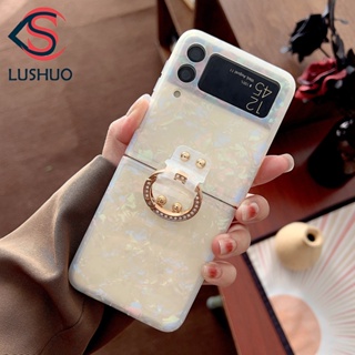 Lushuo เคสโทรศัพท์มือถือ ปิดด้านหลัง ลายหอยสังข์ พร้อมแหวนขาตั้ง หรูหรา สําหรับ Samsung Galaxy Z Flip 3 5G and Z Flip 4 Z Flip3 ZFlip3 ZFlip 3 Z Flip4 ZFlip 4