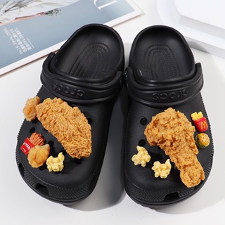 CROCS ชุดจิบบิตส้อม ลายการ์ตูนแฮมเบอร์เกอร์ ไก่ทอด อุปกรณ์เสริม สําหรับตกแต่งรองเท้าเด็ก