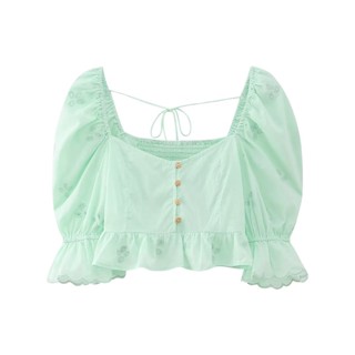 เสื้อเชิ้ตแขนสั้น คอสี่เหลี่ยม ปักลาย 3701