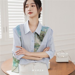 MANSA blue printed shirt ลายดอก โอเวอร์ไซส์ เสื้อ