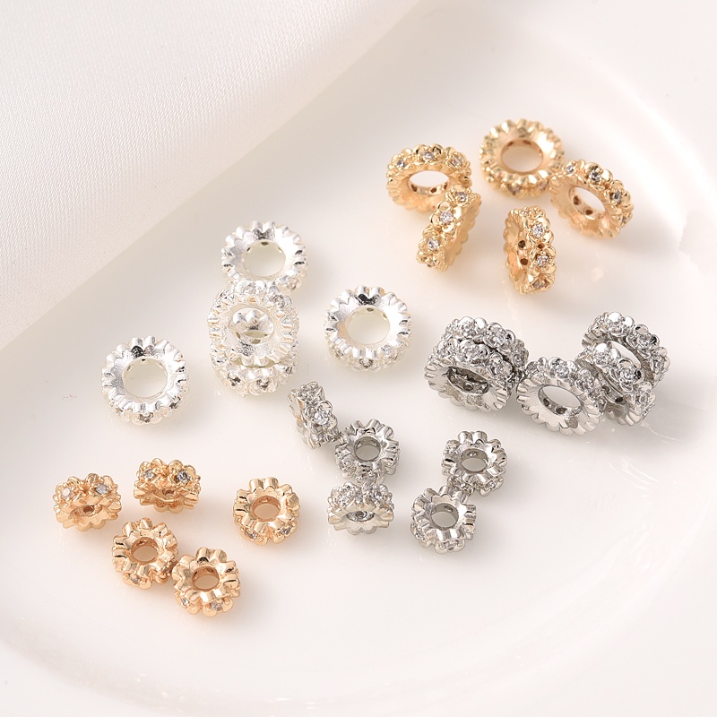 Spacer ลูกปัดล้อลูกปัด 14K ทองแดง Clad Gold Micro-Inlaid ขนาดใหญ่ Handmade diy ดอกไม้ Four-Leaf Clover วัสดุทองคําขาว