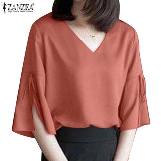 Zanzea เสื้อเบลาส์ คอวี แขนห้าส่วน สีพื้น สไตล์เกาหลี สําหรับผู้หญิง