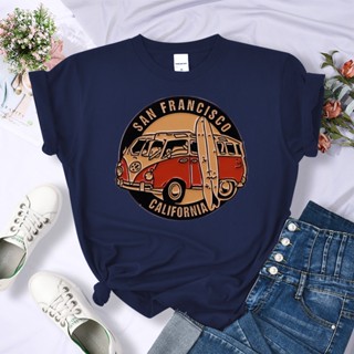 เสื้อยืดแขนสั้น ทรงหลวม ลายรถบัส San Francisco California สไตล์วินเทจ สําหรับผู้หญิง