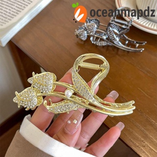 OCEANMAPDZ กิ๊บติดผมหางม้า รูปดอกทิวลิป ฉลาม ประดับเพชร แบบเรียบง่าย สร้างสรรค์ สําหรับผู้หญิง