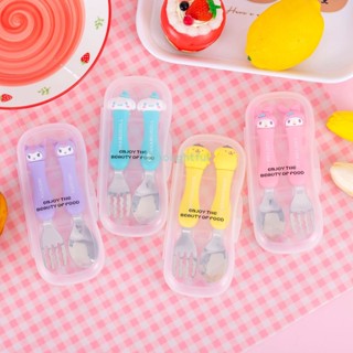 Sanrio ช้อนส้อมสแตนเลส Kulomi Hello Kitty ชุดช้อนส้อม 2 ชิ้น Modeling Small White Silicone Smooth Handle For Gift Home Tools TH