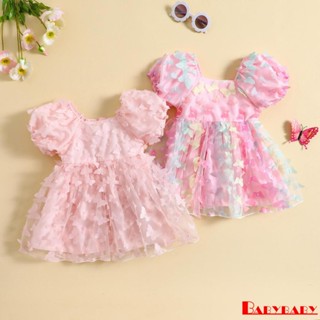 Babybaby- เด็กวัยหัดเดิน เด็กผู้หญิง แขนสั้น พัฟ 3D ผีเสื้อ Tulle ชุดเดรสทรงเอ