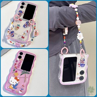 เคสโทรศัพท์มือถือแบบนิ่ม TPU ใส กันกระแทก ลายการ์ตูนแมวน่ารัก พร้อมสายคล้องข้อมือ ลูกปัด สําหรับ OPPO Find N2 Find N2