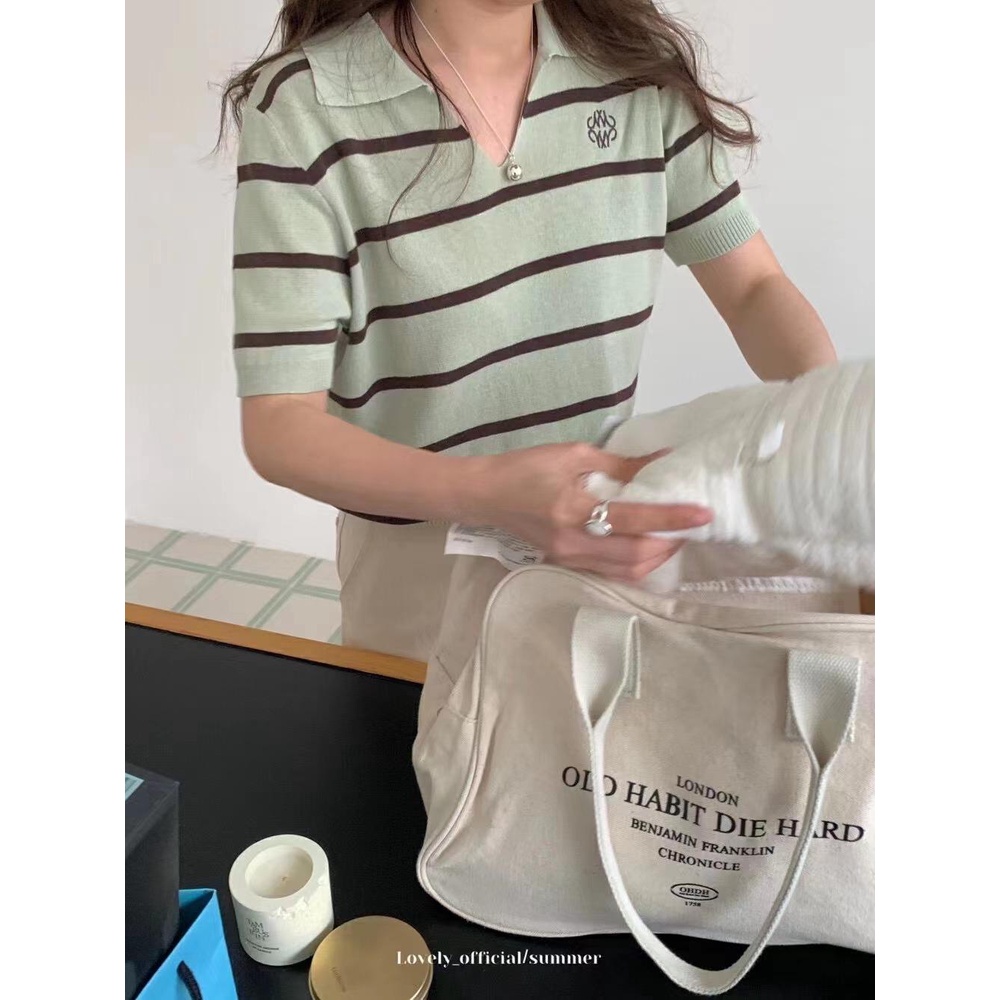 Lune_Grace.18013#เสื้อแขนสั้นคอปกลายทาง ผ้าไหมพรมผ้ายืดได้เยอะ แต่งลายปักที่หน้าอก สไตล์เกาหลี สวยมาก - รูปที่ 5