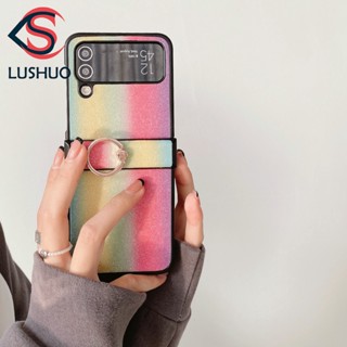 Lushuo เคสโทรศัพท์มือถือหนัง ลายทางสีรุ้ง พร้อมแหวนขาตั้ง สําหรับ Samsung Galaxy Z Flip 3 5G and Z Flip 4 Z Flip3 ZFlip3 ZFlip 3 Z Flip4 ZFlip 4