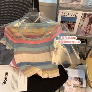 Rainbow Striped Square Collar Sweater Womens Summer Korean Style Design Sense Niche Slim-fit Slimming Short Short-sleeved T-shirt Top