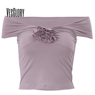 Vesglory เสื้อครอปท็อป แขนสั้น เปิดไหล่ ลายดอกไม้ สีพื้น แฟชั่นสําหรับผู้หญิง 2023