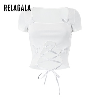 Relagala ใหม่ เสื้อยืดลําลอง แขนสั้น คอสี่เหลี่ยม ลายผีเสื้อ สีพื้น เซ็กซี่ สําหรับสตรี 2023