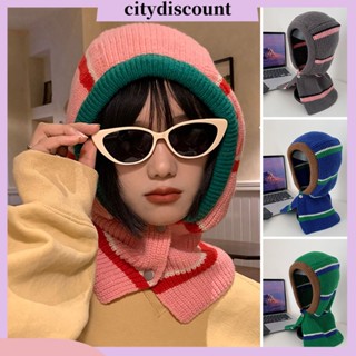 &lt;citydiscount&gt; หมวกบีนนี่ ผ้าพันคอ ผ้าขนสัตว์ถัก แบบหนา แฮนด์เมด ป้องกันคอ ลายทาง แฟชั่นฤดูใบไม้ร่วง ฤดูหนาว สําหรับผู้หญิง