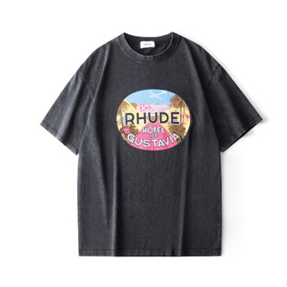 Rhude เสื้อยืดแขนสั้น ผ้าฝ้ายแท้ น้ําหนักเบา ใส่สบาย ไม่ระคายเคือง พิมพ์ลาย สําหรับผู้ชาย