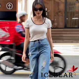 Ice- เสื้อยืดคอกลม แขนสั้น สีตัดกัน กลวง สลิมฟิต ฤดูร้อน สําหรับผู้หญิง ลําลอง ทุกวัน