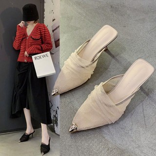 ♚Kai Shan Store [Fashion Summer] Shoes New Summer Womens Shoes Baotou Half Slippers Pointed Korean Versatile Summer Outgoing Breathable Sandals Fashionable Empty High Heels