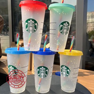 Starbucks แก้วน้ําพลาสติก Pp เปลี่ยนสีตามอุณหภูมิ พร้อมหลอด สีรุ้ง W6S3