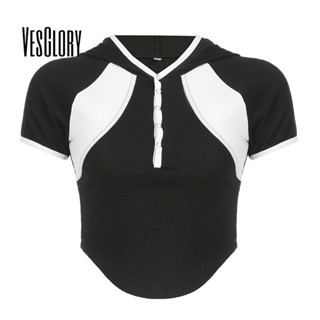 Vesglory เสื้อครอปท็อป แขนสั้น มีฮู้ด แต่งซิป ทรงไม่สมมาตร สีตัดกัน แฟชั่นสําหรับผู้หญิง 2023