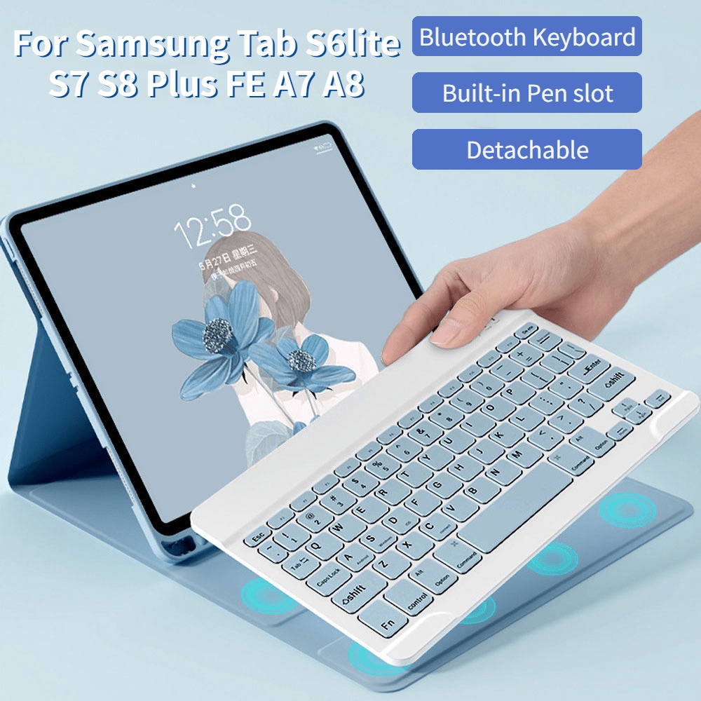 เคสคีย์บอร์ดไร้สาย Bluetooth สําหรับ Samsung Galaxy Tab S6 lite S7 S8 Plus S7 FE A7 (2020) T505 T500 A8 เคสพร้อมฝาครอบป้องกันคีย์บอร์ด