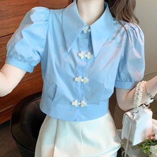 เสื้อเชิ้ตแขนพอง ผ้าชีฟอง ขนาดเล็ก ใส่บัตรได้ สําหรับผู้หญิง