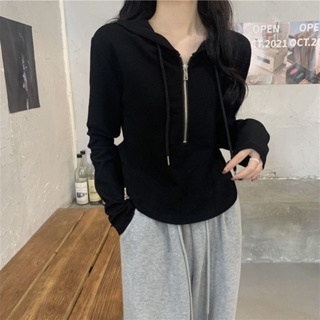 เสื้อกันหนาวแขนยาว มีฮู้ด แต่งซิปครึ่ง เข้ารูป แฟชั่นสไตล์เก…