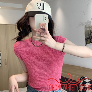 Topone- เสื้อครอปท็อป แขนสั้น ผ้าถัก สีพื้น แบบสวมหัว น่ารัก ฤดูร้อน สําหรับผู้หญิง ปาร์ตี้ สตรีทแวร์