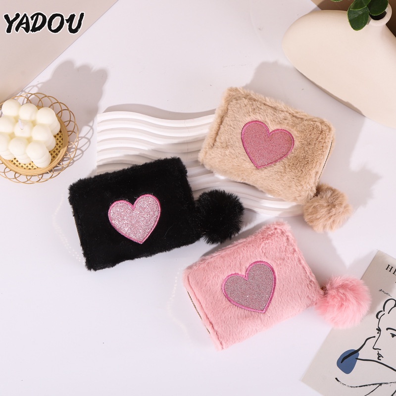 YADOU รูปหัวใจหวานและน่ารักปักซิปกระเป๋าสตางค์การ์ตูนตุ๊กตาเหรียญกระเป๋าสั้นกระเป๋าสตางค์คลัช