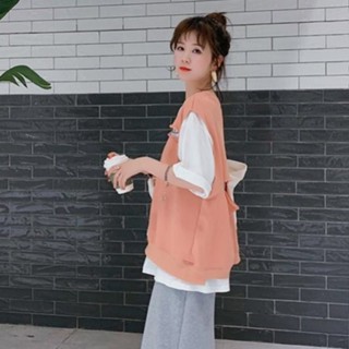 เสื้อยืดแขนสั้น ทรงหลวม แต่งรอยขาด เข้ากับทุกการแต่งกาย แฟชั่นฤดูร้อน สไตล์เกาหลี สําหรับผู้หญิง และนักเรียน มีสองชิ้น