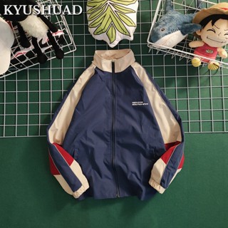 KYUSHUAD เสื้อแจ็คเก็ตเบสบอลคอปกตัดกันสำหรับบุรุษและสตรี Preppy