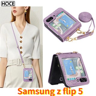 Hoce ZFlip5 เคสโทรศัพท์มือถือหนัง พิมพ์ลายดอกไม้ พร้อมสายคล้อง สําหรับ Samsung Galaxy Z Flip 4 flip3 5G