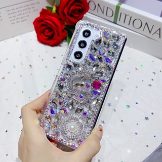 เคสโทรศัพท์มือถือ PC ใส ลายดอกไม้ ประดับเพชร พลอยเทียม วิบวับ หรูหรา สําหรับ Samsung Galaxy Z Fold 5 4 3 2