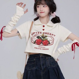 [ผ้าฝ้ายแท้] เสื้อยืดทรงโปโล แขนสั้น พิมพ์ลายเชอร์รี่ ขนาดเล็ก เหมาะกับฤดูร้อน สําหรับผู้หญิง