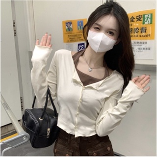 WANG JIAO ZHANเสื้อยืดแขนยาว คอกลม ออกแบบดี สองชิ้น สไตล์ใหม่