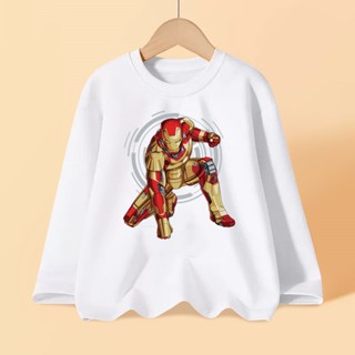 เสื้อยืดแขนยาว พิมพ์ลายซุปเปอร์ฮีโร่ Iron Man สําหรับเด็กผู้ชาย อายุ 3-5 - 14 ปี