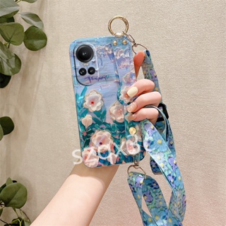 เคสโทรศัพท์มือถือ TPU นิ่ม กันตก ลายภาพวาดสีน้ํามัน รูปพีช ดอกไม้ พร้อมสายคล้องคอ สําหรับ OPPO Reno 10Pro+ 10 Pro Plus 8 8T 5G A78 A58 A98 4G