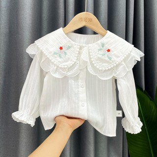 เสื้อเชิ้ตแขนยาว ปักลายดอกไม้ สําหรับเด็กผู้หญิง