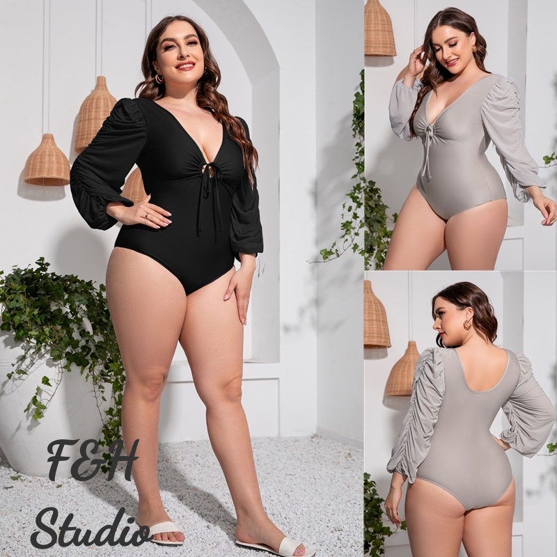 F&H 3000-2 สี 2XL-5XL NO PADDING ผู้หญิง Plus ขนาด V คอชุดว่ายน้ําแขนยาว