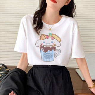 Sanrio เสื้อยืด Y2K ผ้าฝ้าย Cinnamoroll, เสื้อยืดอะนิเมะการ์ตูน Kawaii เสื้อผ้าลำลองคู่สตรีทแวร์แขนสั้น