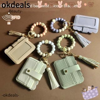 Okdeals กระเป๋าใส่บัตร กําไลข้อมือ หนัง PU ซิลิโคน ประดับลูกปัด สายคล้องข้อมือ สําหรับสํานักงาน