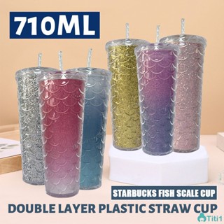 Starbucks Fish Scale Cold Cup Tumbler Double Layer Plastic Straw Cup 710ml/24oz Starbucks Cup With Straw TH1