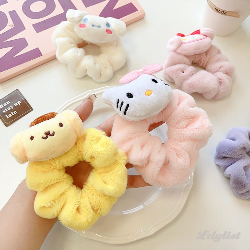 ღ Sanrio Kawaii Plush Hair Ring Anime Hello Kitty Hair Tie My Melody Rubber Band Headband Cute Makeup Washing Hair Ring Hair Accessories Gift