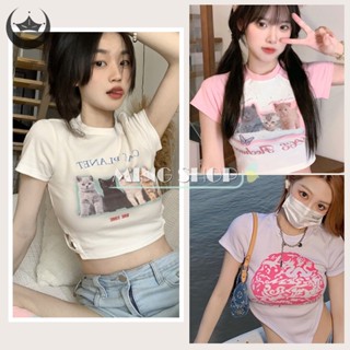 Ming พร้อมส่ง🔥 เสื้อครอปท็อป คอกลม แขนสั้น พิมพ์ลายแมวน่ารัก แฟชั่นฤดูร้อน สําหรับผู้หญิง TH