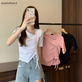 Yuan เสื้อครอปท็อป แขนสั้น แบบผูกเชือก ทรงไม่สมมาตร แฟชั่นฤดูร้อน สําหรับผู้หญิง ZHN