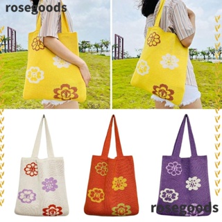 Rosegoods1 กระเป๋าสะพายไหล่ กระเป๋าถือแฟชั่น ผ้าถัก ลายดอกไม้ ความจุขนาดใหญ่